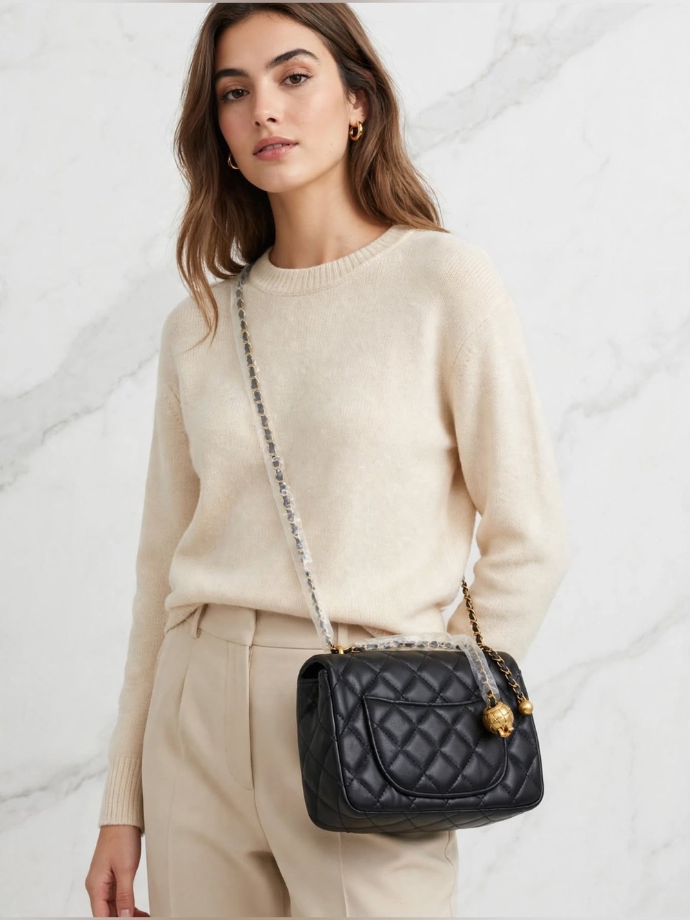 Quilted Black Crossbody with Gold Chain Accent